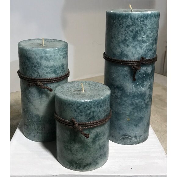 Set Of 3 Pillar Candles Handmade Rustic Blue Teal With Twine Accent Nautical - Picture 2 of 10